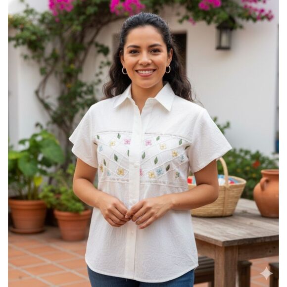 Landy Tops - Landy Mexican Shirt Vintage Embroidered Floral Button Front Blouse 100% Cotton S
